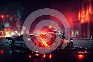Car crash incident wreck in city at night