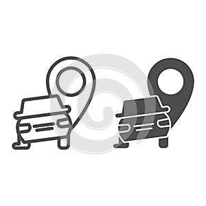 Car crash location line and solid icon. Auto with map pin pointer, safe driving symbol, outline style pictogram on white