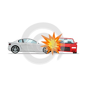 Car crash vector illustration, two automobiles collision, auto accident scene