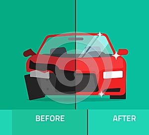 Car before after, crashed, broken and repaired auto maintenance service