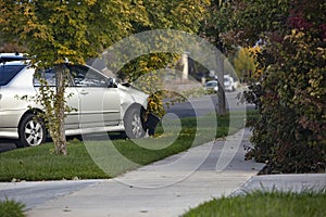 Car crashed into a tree. Auto accident along a city road.