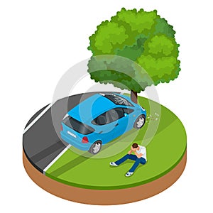 Car crashed into tree. Car crash collision traffic insurance.