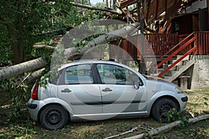 A car damaged by hurricane with fallen tree on the house and car