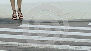 Car dangerously stopping on crosswalk in front of female pedestrian, violation