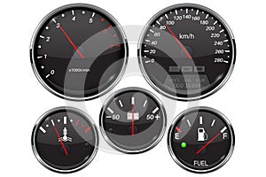 Car dashboard 3d gauges. Speedometer, tachometer, fuel gauge, temperature and accumulator charge device