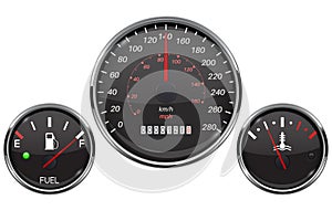 Car dashboard black gauges set. Fuel gauge, speedometer, temperature indicator