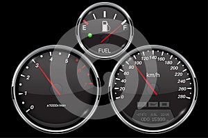 Car dashboard black gauges set. Speedometer, tachometer, fuel gauge