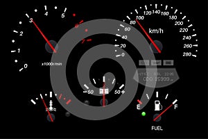 Car dashboard black scales. Fuel gauge, speedometer, tachometer, temperature indicator