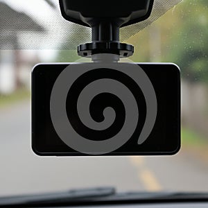 A car dashboard camera is mounted on the windshield using a black mounting