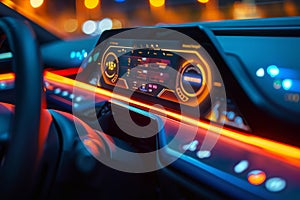 A Car Dashboard With a Digital Display and a Steering Wheel, Innovative design of an in-car display showing electric vehicle