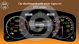 Car dashboard in format. Collection of car panel indicators, yellow, red, green, indicators, gauges, RPM, DTC codes