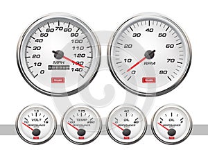 Car dashboard gauges set. Vector illustration isolated on white background. Fuel gauge, speedometer, tachometer, temperature indic