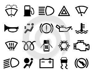 Car dashboard icons set isolated on white background. Icon pack car information pictograms. Vector illustration