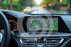 A car dashboard with a satnav system, modern and functional, automotive theme