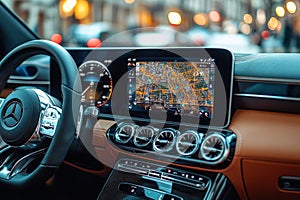 A car dashboard with a satnav system, modern and functional, automotive theme
