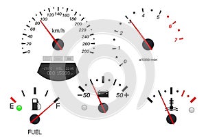 Car dashboard scales. Fuel gauge, speedometer, tachometer, temperature indicator