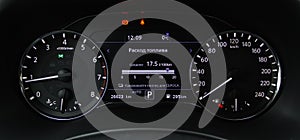 Car dashboard with sensors and information.