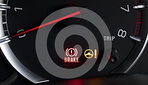 Car dashboard show status light icon BRAKE and steering wheel