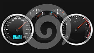 Car dashboard speedometer, tachometer gauge, fuel and engine temperature. Realistic car`s dashboard. Vector illustration