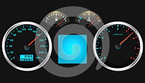 Car dashboard speedometer, tachometer gauge, fuel and engine temperature. Realistic car`s dashboard. Vector illustration