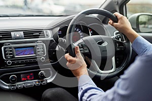 Car, dashboard and steering wheel of motor for driving, travel or navigation for transportation or journey. Auto, person