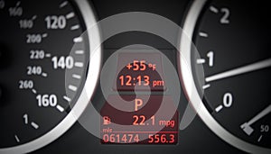 Car dashboard tachometer, speedometer and gasoline