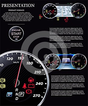 A set of realistic speedometers on a black background