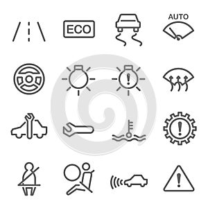 Car Dashboard Vector Line Icon Set. Contains such Icons as Seatbelt, Steering Wheel, Gear, ECO, Electronic Stability Programme and