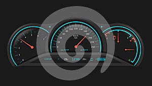 Car dashboard. Vehicle performance monitoring indicators and gauges, fuel level and speedometer ui vector illustration