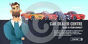 Car dealer centre concept banner. Automobile salling or rent. Auto business cartoon style illustration.