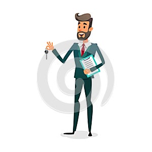 The car dealer gives the keys. Happy auto seller with documents. A cartoon confident young salesman is selling a car