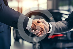 Car dealer and new owner shaking hands in a dealership center. Automobile industry car trade concept