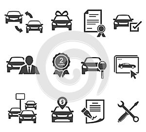Car dealership black glyph icons vector set