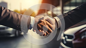 car dealership, shaking hands as they finalize a deal on a new car purchase, signifying a successful transaction photo