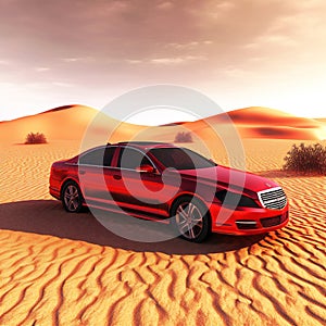 Car in the desert, creative digital illustration, travel, destination scenics