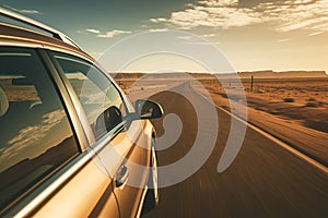 Car on desert highway road. Car trip along desert mountain landscape, closeup side view