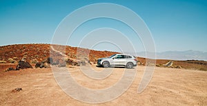 Car in desert. Padre Crowley Point at 4000 feet in Death Valley National Park, CA