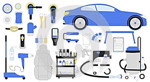 Car detailing equipment set. Vector illustration kit of isolated automobile service tools. Polish, vacuum wash painting waxing dry
