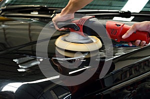 Car Detailing, Polished Black Car By Polishing Machine.