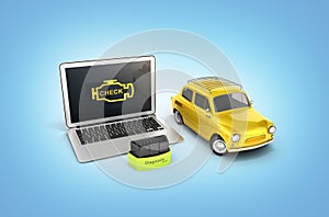 Car diagnostic concept Close up of laptop with OBD2 wireless scanner and retro car on blue gradient background 3d illustration