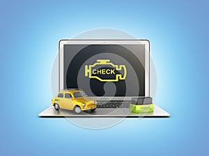 Car diagnostic concept Close up of laptop with OBD2 wireless scanner and retro car on blue gradient background 3d illustration