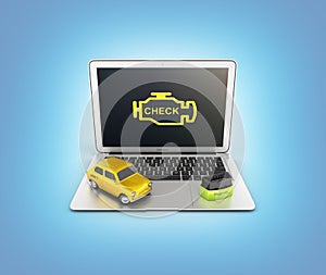 Car diagnostic concept Close up of laptop with OBD2 wireless scanner and retro car on blue gradient background 3d illustration