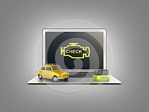 Car diagnostic concept Close up of laptop with OBD2 wireless scanner and retro car on gray gradient background 3d illustration