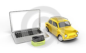 Car diagnostic concept Close up of laptop with OBD2 wireless scanner and retro car on white background 3d illustration