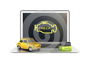 Car diagnostic concept Close up of laptop with OBD2 wireless scanner and retro car on white background 3d illustration without