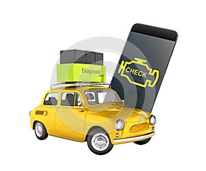 Car diagnostic concept Close up of OBD2 wireless scanner with smartphone and retro car on white background 3d illustration without photo