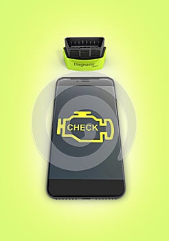 Car diagnostic concept Close up of OBD2 wireless scanner with smartphone on green gradient background 3d illustration