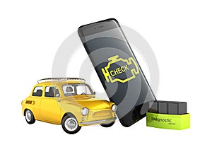 Car diagnostic concept Close up of OBD2 wireless scanner with smartphone and retro car on white background 3d illustration without