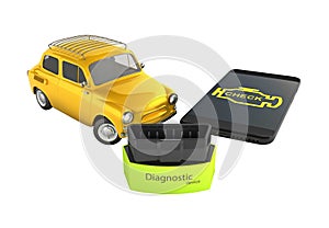 Car diagnostic concept Close up of OBD2 wireless scanner with smartphone and retro car on white background 3d illustration without