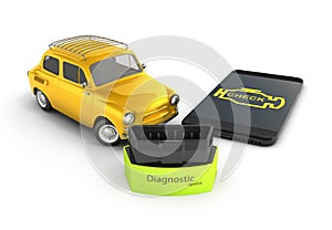 Car diagnostic concept Close up of OBD2 wireless scanner with smartphone and retro car on white background 3d illustration